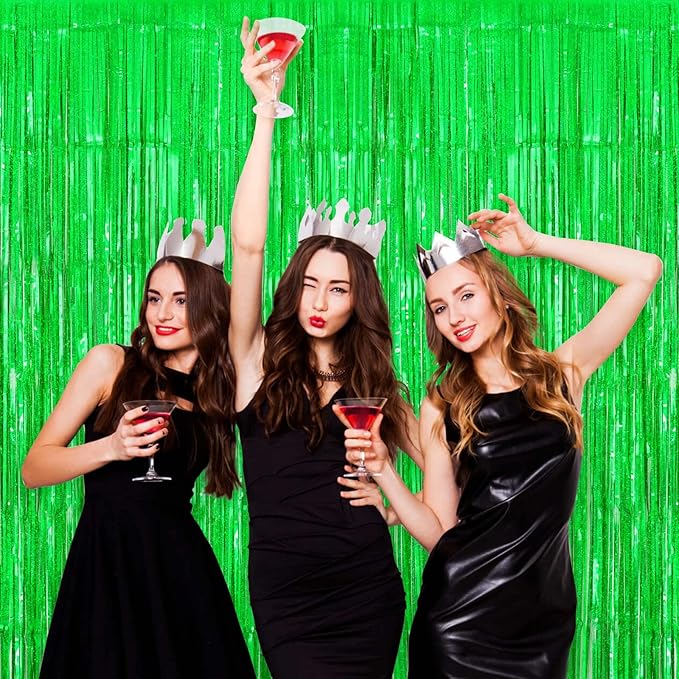 Green Tinsel Foil Fringe Curtain Backdrop, 3.3 x 8.2 ft Metallic Glitter Curtain Streamers, 2 Pack Green Photoboth for Birthday St Patrick's Day Christmas Party Decorations
