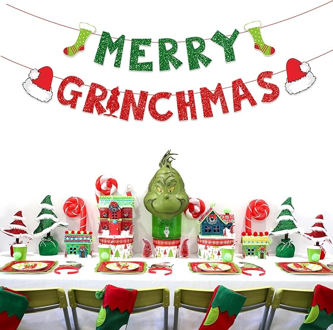 Christmas Decorations Party Banners Indoor, Glittery Christmas Decor Banner, Red Green Banner for Home Fireplace Decor