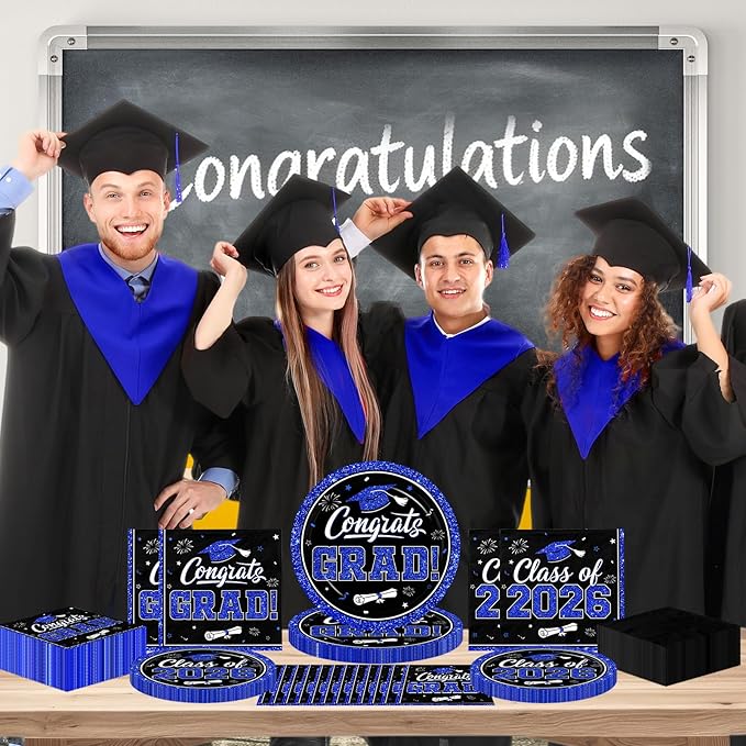 Graduation Decorations 2026 Graduation Party Plates and Napkins Set Black Blue Class of 2026 Graduation Party Supplies for Congrats Grad Party Decor, Serve 50