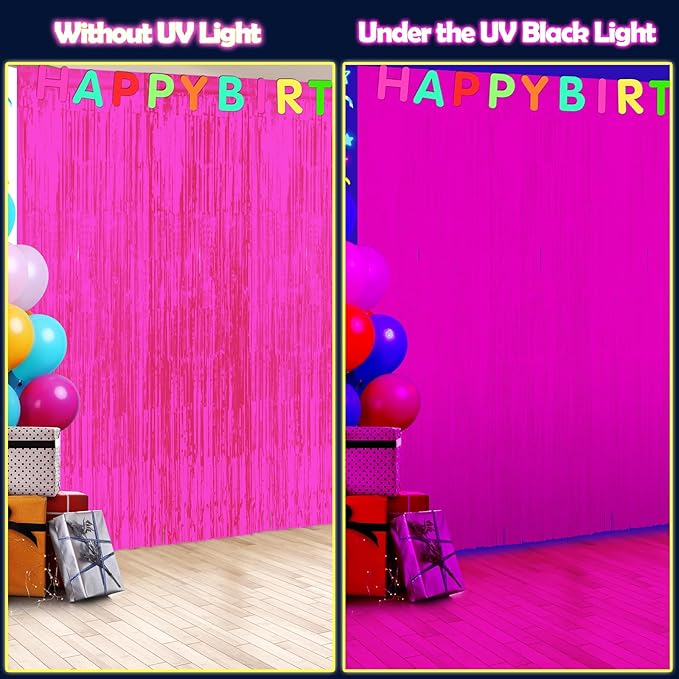 6 Pack 3.3Ft x 6.6Ft Hot Pink Glow in The Dark Foil Fringe Curtain Backdrop Party Supplies, Fluorescent Macaron Metallic Tinsel Foil Streamers Curtain Photo Booth for Neon Birthday Party Decorations