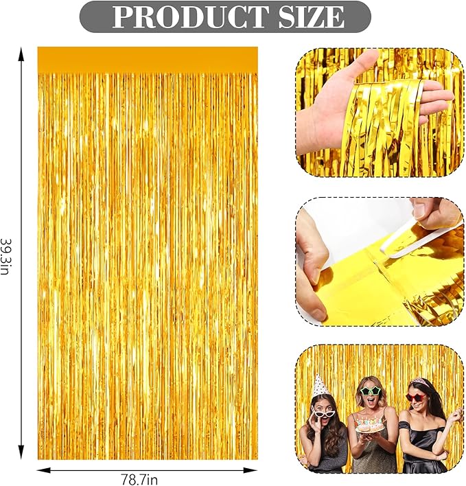 2 Pack Gold Foil Fringe Curtains, 3.3ft x 6.6ft Streamer Foil Curtain, Tinsel Backdrop for Birthday Party, Christmas Decor, Wedding Engagement Baby Shower Bachelorette Party Decorations