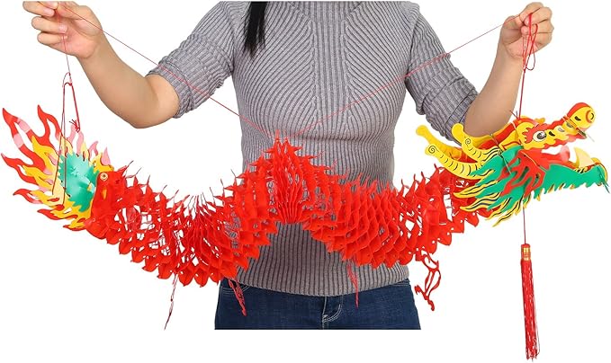 Bememo 4.92 Feet 3D Chinese New Year Dragon Decorations Hanging Paper Dragons Garland Lunar New Year Chinese Spring Festival Lantern Festival Decorations