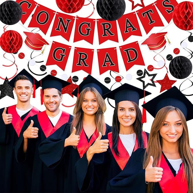 Red and Black Congrats Grad Banner 2026 Graduation Decorations with Hanging Swirl Honeycomb Ball Circle Garland Grad Party Favor Supplies for College Senior High School Classroom Decor