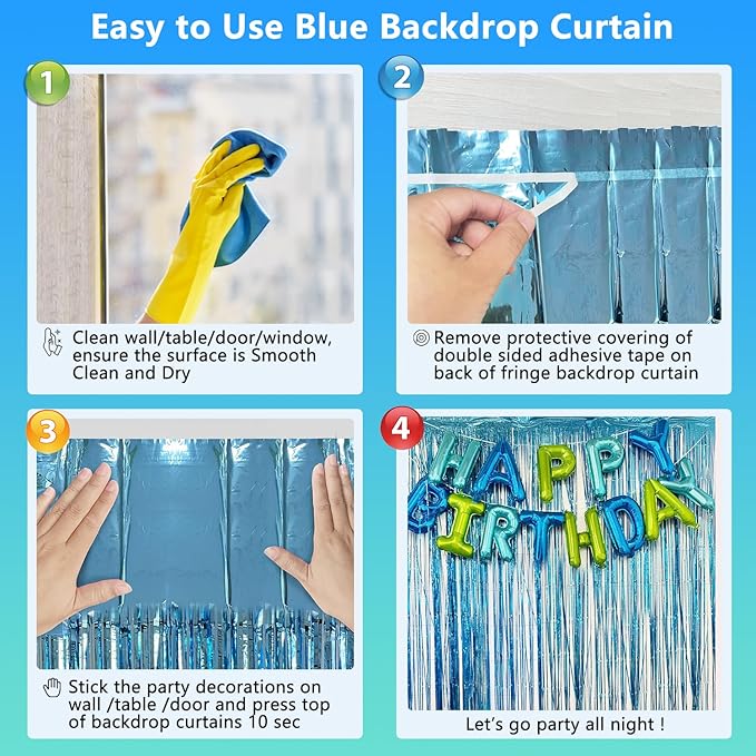 Blue Streamers Party Decorations 3.3x8.2ft 2 Pack Light Blue Tinsel Foil Fringe Curtain Backdrop Ocean Themed Party Decor Photo Booth Props for Birthday Baby Shower Bachelorette Door Hanging Wedding