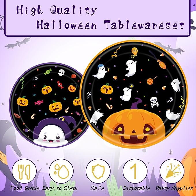 Halloween Party Supplies Decoration Set, 141 Pieces Includes Plates, Napkins, Cups, Tablecloth and Tableware for Halloween Horror Theme Party Decorations, Serves 20 ( Cartoon )