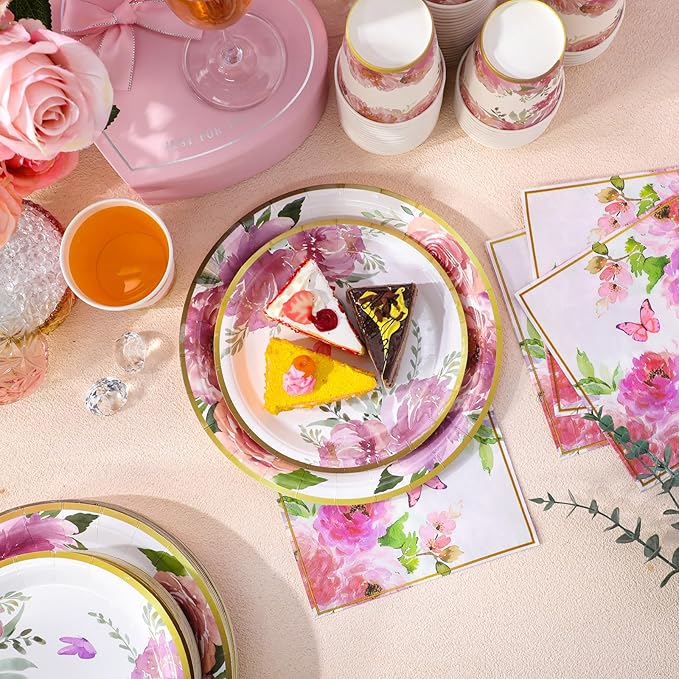 Pickmesh 250 Pcs Floral Party Disposable Tableware Set Paper Plates and Napkins Cups Supplies Tea Party Theme Dinner Dinnerware for Birthday Bridal Baby Shower wedding Decoration Serves 50