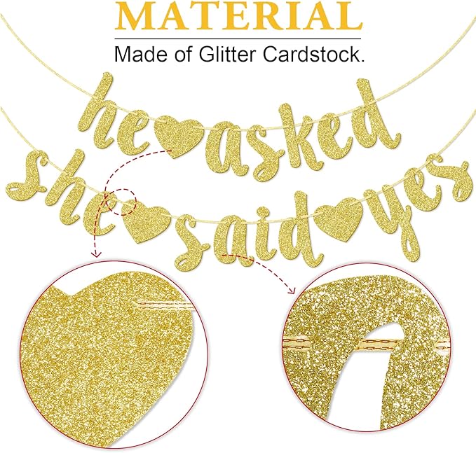 He Asked She Said Yes Gold Glitter Banner - Wedding, Engagement, Bridal Shower Party Decorations
