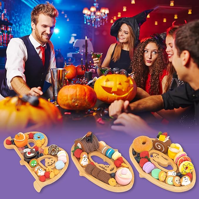 3PCS Wooden Halloween Charcuterie Board Set - Boo Letters (with 14 Balloons) - Halloween Party Table Decoration & Food Tray Platter