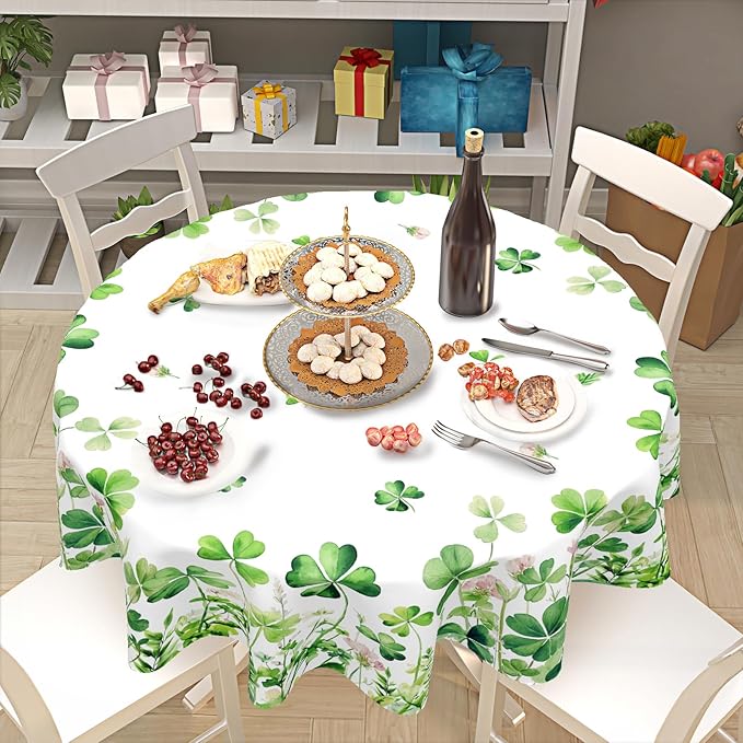 St Patricks Day Tablecloth Round 60 Inch Green Shamrock Table Cloth Farmhouse St Patrick's Day Table Cover for Kitchen Dinner Room Holiday Party Indoor Outdoor Home St Patricks Day Decor