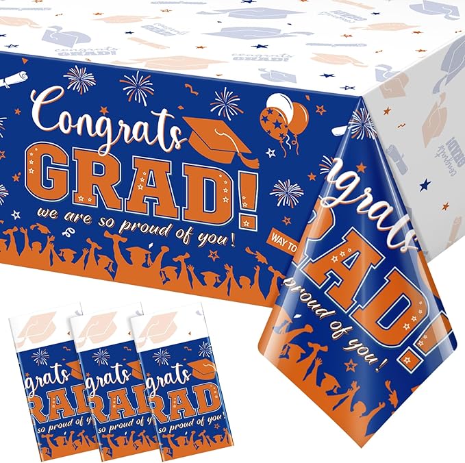 3Pack Graduation Tablecloth Party Decorations, Class of 2026 Congrats Grad Plastic Tablecover Party Supplies, Blue and Orange Rectangle Graduation Table Decor for College High School Party, 54x108Inch