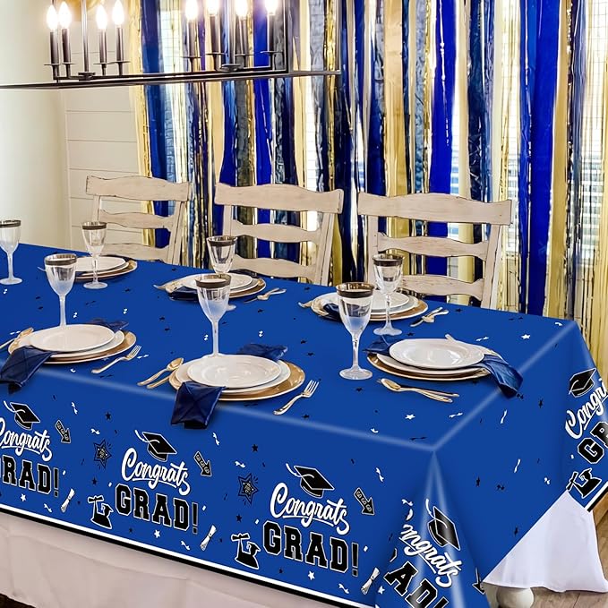 2-Piece 54 x 108 Inch Graduation Plastic Tablecloth – Graduation Disposable Rectangle Table Covers with “Congrats Grad” Design for Class of 2026 Party, School and Home Decorations