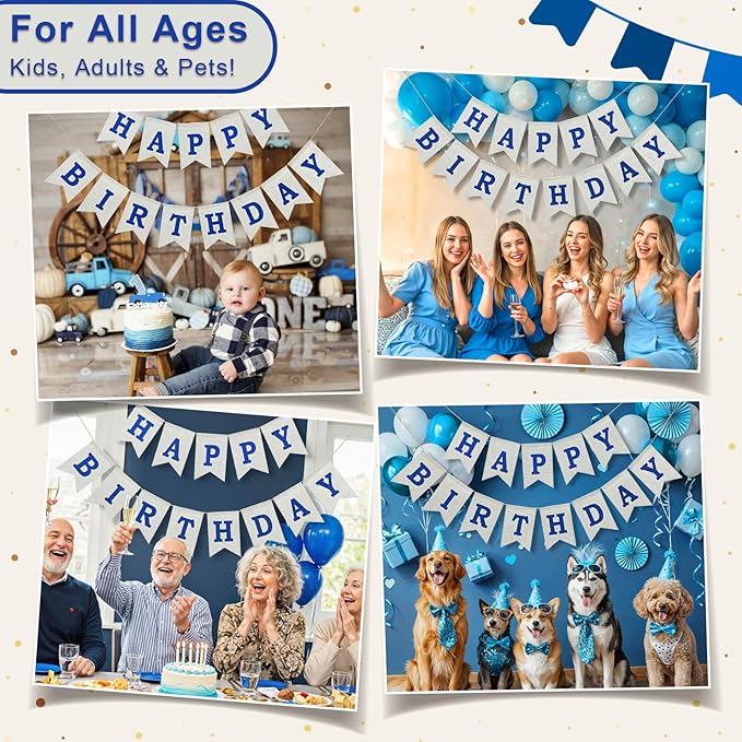 Happy Birthday Banner - Pre‑Strung Burlap Birthday Decorations and Reusable Birthday Sign for Men, Women & Kids | Party Supplies Backdrop (Navy Blue)