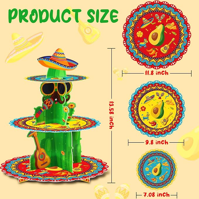 Fiesta Party Decorations - 3 Tier Mexican Birthday Party Cupcake Stand & Topper - Cactus Fiesta Cupcake Holder Display - Cinco De Mayo & Baby Shower Supplies