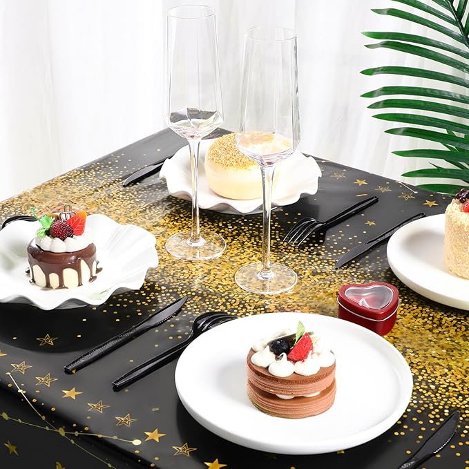 Tudomro 3 Pcs Happy Birthday Tablecloths Happy Birthday Party Decorations Plastic Table Cover Rectangular Cloths for Women Men Baby Shower Party Supplies, 108 x 54 Inch (Black Gold)