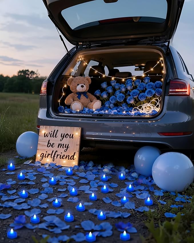 Amagic 2000 Pieces Blue Artificial Rose Petals with 24 Blue Heart LED Tea Lights, Rose Petals and Candles Set for Proposal, Anniversary, Romantic Night, Wedding Decor