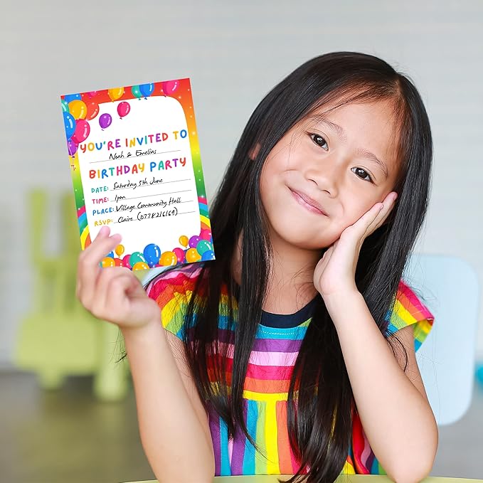 36 Kids Childrens Birthday Party Invitations with Folding Envelope Design and Holographic Stickers (Rainbow)