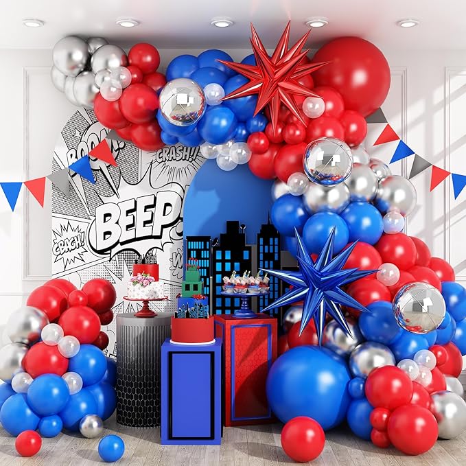 Red Blue Silver Balloon Arch Garland Kit, Red Royal Blue Latex Balloons 4D Ball Explosion Star Foil Balloons for Boys Baby Shower Party Graduation 4th of July Baseball Birthday Party Decor