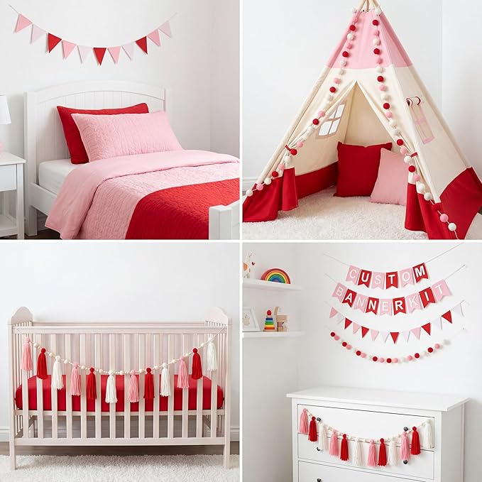 139 Pcs Felt DIY Custom Banner Kit Include 104 Letters 18 Swallowtail Flags 15 Pennants 2 Pcs Pom Pom Garland Tassel Pompom Decoration for Home Baby Shower Birthday(Valentine's Pink)