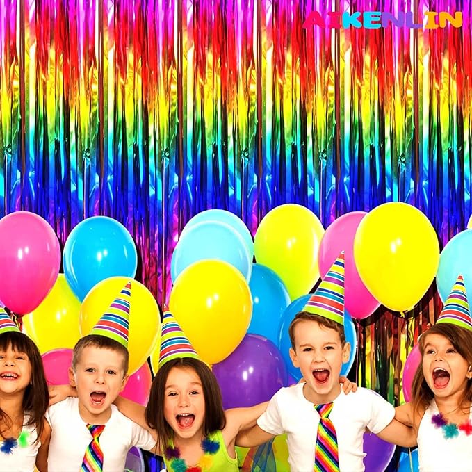 4 Pack 3.3Ft x 6.6Ft Rainbow Foil Fringe Curtain Backdrop, Colorful Metallic Tinsel Foil Fringe Streamers Curtains Background for Photo Booth, Birthday, Wedding, Valentine's Day Party Decoration