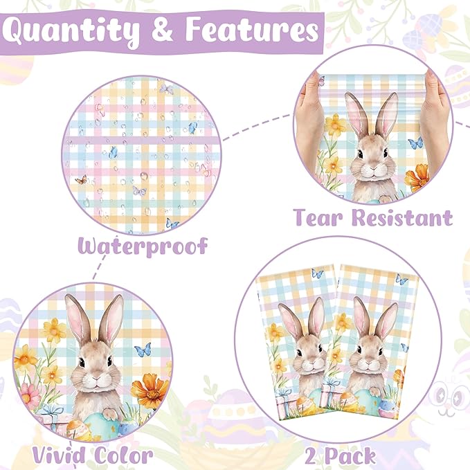 QZYL 2 Pack Easter Tablecloth Disposable, 54" x 108" Easter Decorations for Table, Plastic Table Cloths with Colorful Eggs Bunny Flower, Rectangular Spring Tablecloths for Party Decorations Supplies