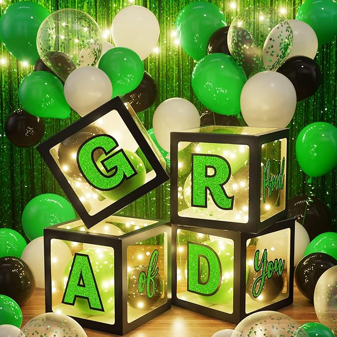 Graduation Party Decoration Class of 2026, 86PCS Green & Black Graduation Party Supplies High School College Grad Balloon Boxes with Letter, Foil Curtain, LED String Light, Balloon Garland Kit