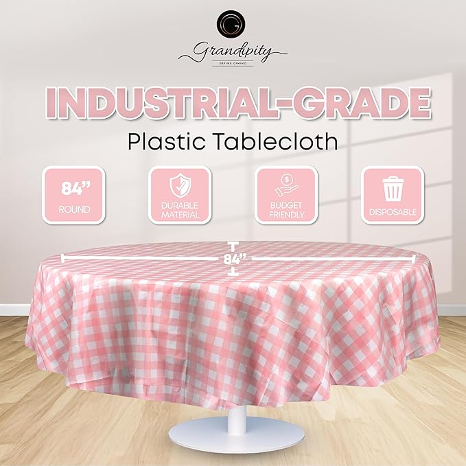 Grandipity 12 Pack Premium Disposable Plastic Tablecloth 84" Inch Decorative Round Table Cover - Pink Checkered Gingham