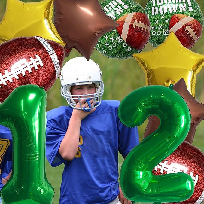 Football Balloons Foil Football Birthday Decorations Balloons Green Number 12 Balloon Gold Brown Star Touchdown Ballons for Rugby Birthday Decorations Sports Ballons Arch Kits Party Balloon Sets 10pcs