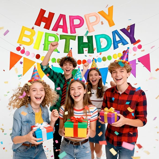 Pre-Strung 3PCS Happy Birthday Banner, 3D Rainbow Felt Happy Birthday Banner, Pom Pom Garland & Fabric Bunting, Rainbow birthday decorations, Happy Birthday Sign for Girls, Boys, Women & Men
