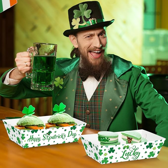 50 Pcs St. Patricks Day Decorations, Paper St. Patricks Day Food Trays, Disposable Shamrock Platters Green Snack Serving Trays, St Patrick's Party Supplies Irish Decor for Irish Bar Family Gatherings