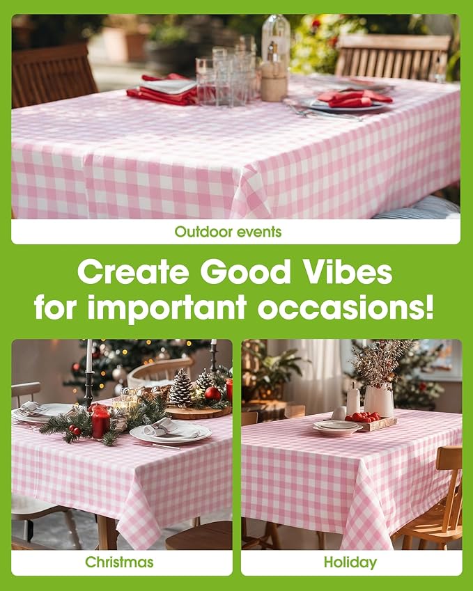 Pureegg Plastic Table Cloth Disposable 10 Pack, 54 x 108 Inch Table Cloths, Party, Picnic, Decorative Gingham Tablecloths, Rectangle, Pink and White Checkered Cover, Leakproof & Sturdy, Pink Plaid