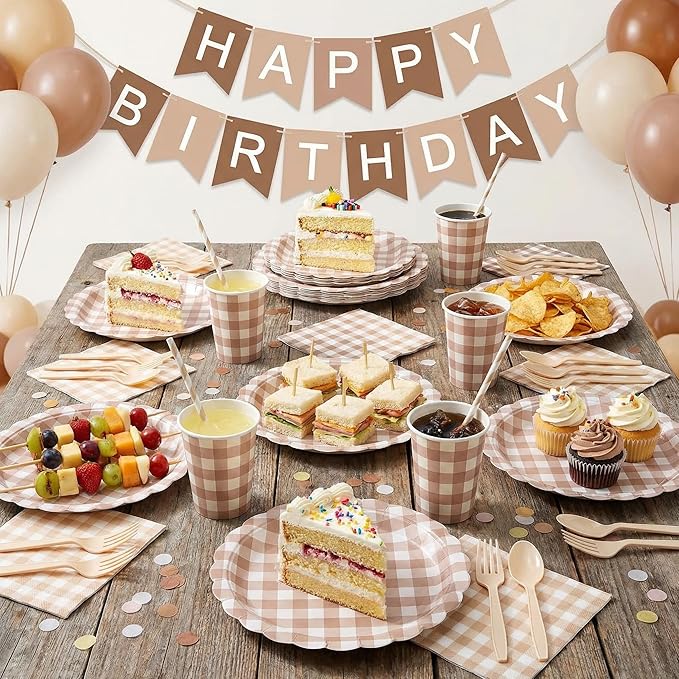 Yaomiao 168 Pcs Gingham Plates and Napkins Beige Plaid Disposable Dinnerware Sets Brown Gingham Plates Cups Napkin Knife Fork Spoon Serve 25 Guests for Wedding Baby Shower Birthday Party Supplies