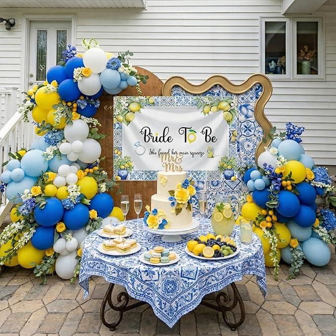 Royal Blue Yellow bridal shower lemon theme balloon arch kit with Bride to be backdrop for Lemonade italian capri amalfi coast main squeeze bridal party decorations