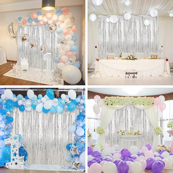 Crosize 4 Pack 3.3 x 9.9 ft Silver Foil Fringe Curtains Party Decorations, Silver Tinsel Curtain Backdrop for Parties, Door Streamers, Glitter Streamer Fringe Backdrop for Birthday Decoration