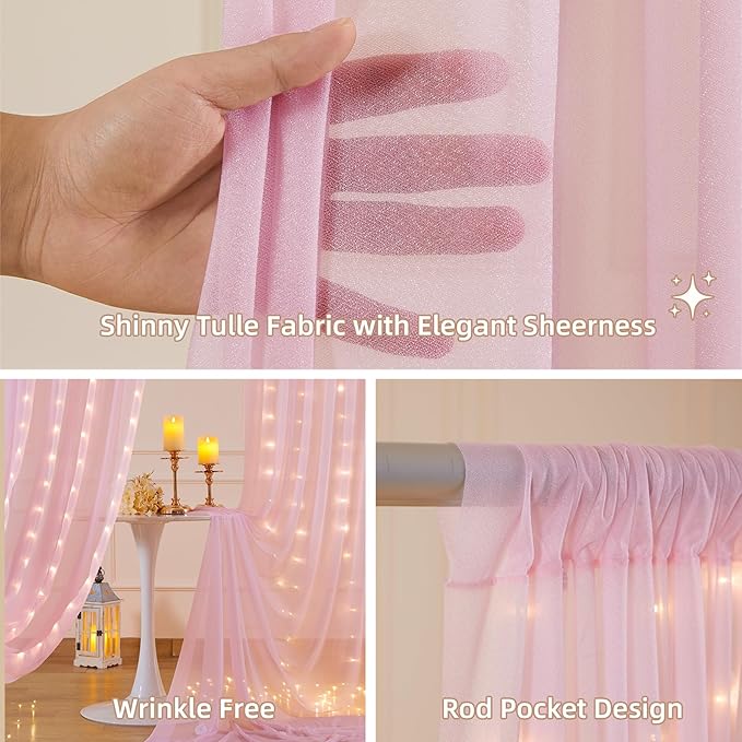 10x10FT Pink Wrinkle Free Backdrop Curtains with Lights String for Parties - Photo Curtain Backdrop with Lights for Wedding Decorations, Bridal Baby Shower Birthday Party Photography Background