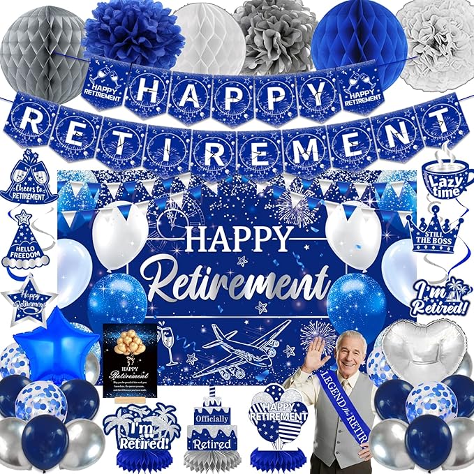 Happy Retirement Party Decorations for Men Women Blue Silver Happys Retirements Decorations Happy Retirements Banner Backdrop Card Retirement Sash Hanging Swirls Foil Balloons Honeycomb Centerpieces