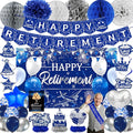 Happy Retirement Party Decorations for Men Women Blue Silver Happys Retirements Decorations Happy Retirements Banner Backdrop Card Retirement Sash Hanging Swirls Foil Balloons Honeycomb Centerpieces