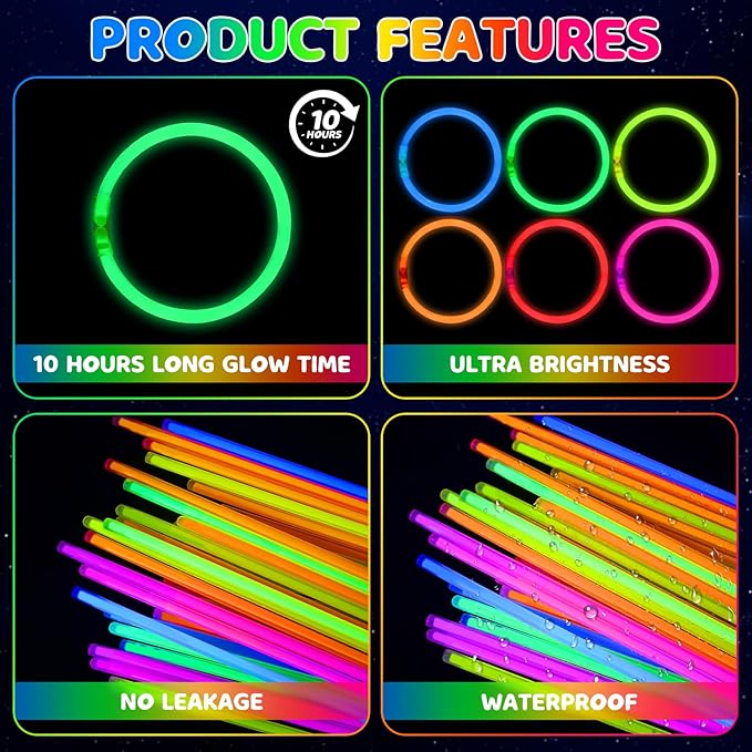 Mega-L 1000 Pcs Glow Sticks Bulk Party Pack, Glow in the Dark Party Supplies, 8" Ultra Bright Glow Necklaces and Bracelets with Connectors for Neon Glow Birthday Pool Party, New Years Eve Party Favors