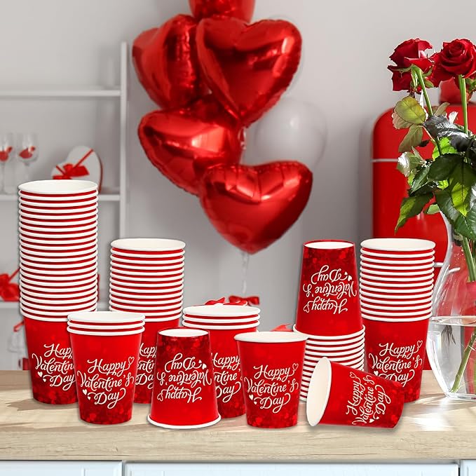 Gatherfun 50-Pack Valentine's Party Supplies - Romantic Heart-Themed 9 oz Disposable Paper Cups for Lovely Valentine's & Galentine's Day Decorations Set