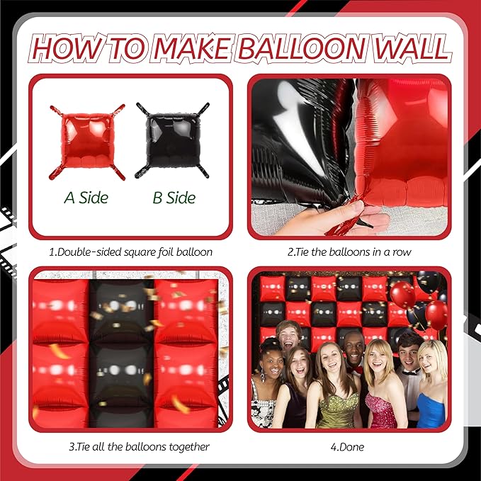 50PCS Black and Red Square Foil Balloon Wal, Reusable DIY Mylar Double Side Metallic Red Black Garland Tunnel Arch Kit for Anniversary Bachelorette Engagement Halloween Party Decor