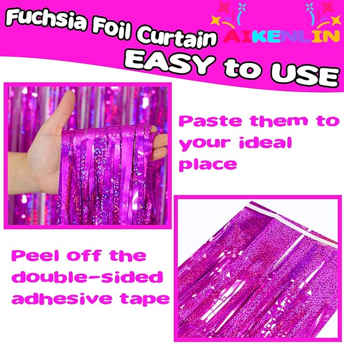 4 Pack 3.2Ft x 8.2Ft Fuchsia Foil Fringe Curtain Backdrop, Metallic Tinsel Foil Fringe Streamers Curtains Background for Photo Booth, Birthday, Wedding, Disco, Bachelorette, Christmas Party Decoration