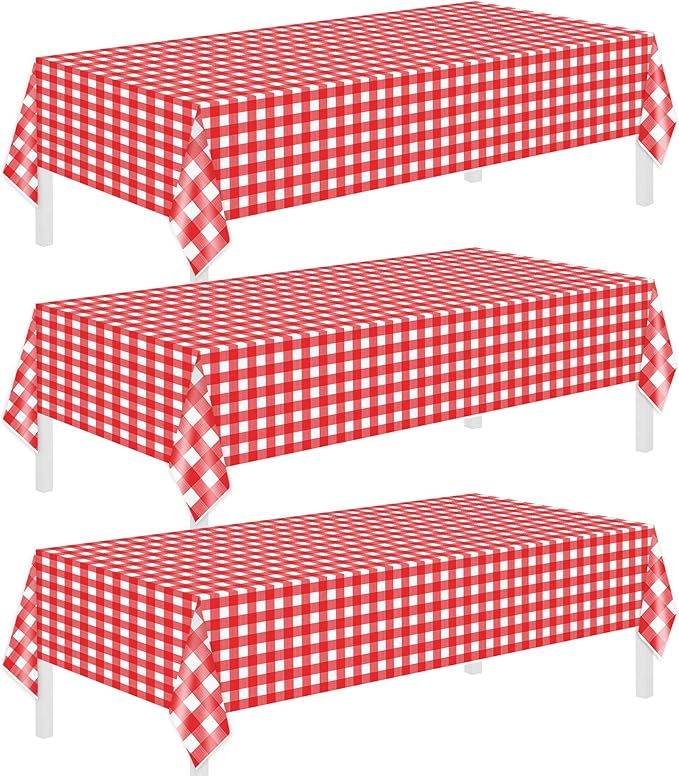 Childom 3 Pack Red and White Checkered Tablecloths 54"x108" Valentines Day Tablecloths for Rectangle,Disposable Plastic Table Cover for Wedding,Home,Birthday,Picnic,Buffet,Pizza Party,Racing Car Decor