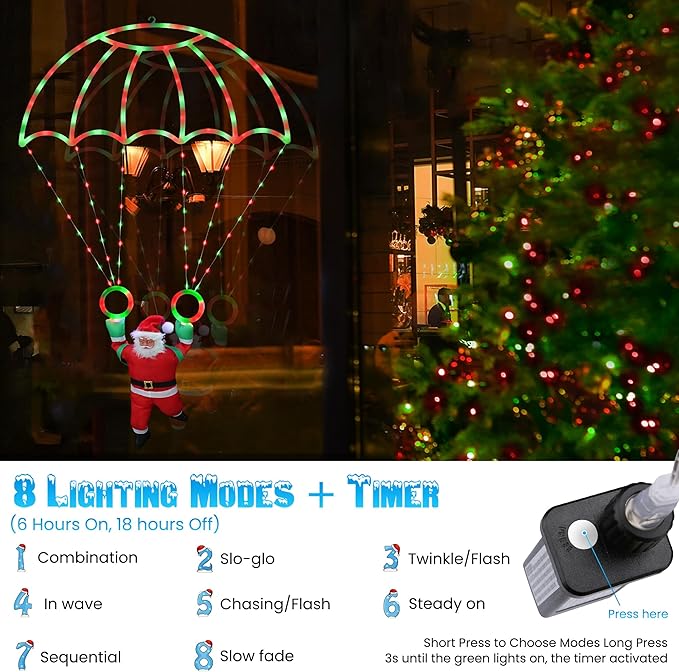 Toodour Christmas Decorations Lights Outdoor, 2.8FT Christmas Parachute Lights with Santa Claus, Waterproof 8 Modes Hanging Red & Green Xmas Light - Holiday Decorative Light for Indoor Eave Roof