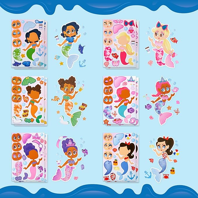 JOYIN 24 Sheets 9"x6" Make a face Stickers for Kids, Make Your Own Mermaid Stickers, Party Favors Kids Crafts, Goodie Bags Stuffers Classroom Activities