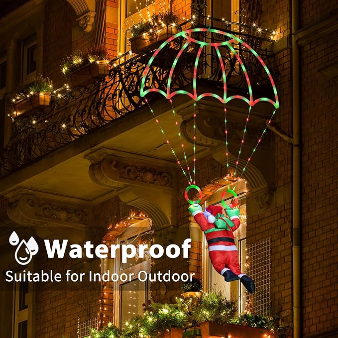 Toodour Christmas Decorations Lights Outdoor, 2.8FT Christmas Parachute Lights with Santa Claus, Waterproof 8 Modes Hanging Red & Green Xmas Light - Holiday Decorative Light for Indoor Eave Roof