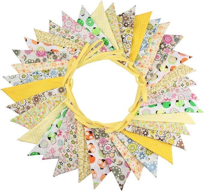 10M/32Ft Triangle Bunting Banner, 36 Pcs Cotton Fabric Flags Pennant Garlands for Birthday Party, Wedding, Baby Shower, Outdoor and Home Decorations (Yellow)