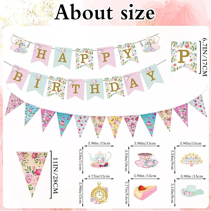 Tea Party Decorations Birthday Banner - Floral Decor Happy Birthday Banners Bunting Teapot Hanging Swirl, Flower Wonderland Theme Decoration for Women Girls Baby Shower Party Supplies