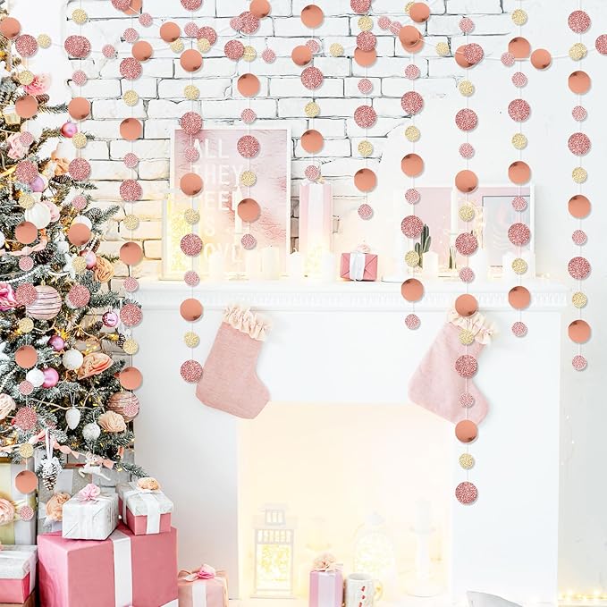 Outus 5 Pieces Rose Gold Round Dots Garland Easter Graduation Party Hanging Decor Each Length 13.1ft Glitter Paper Dot Streamers for Birthday Wedding Classroom (Champagne)