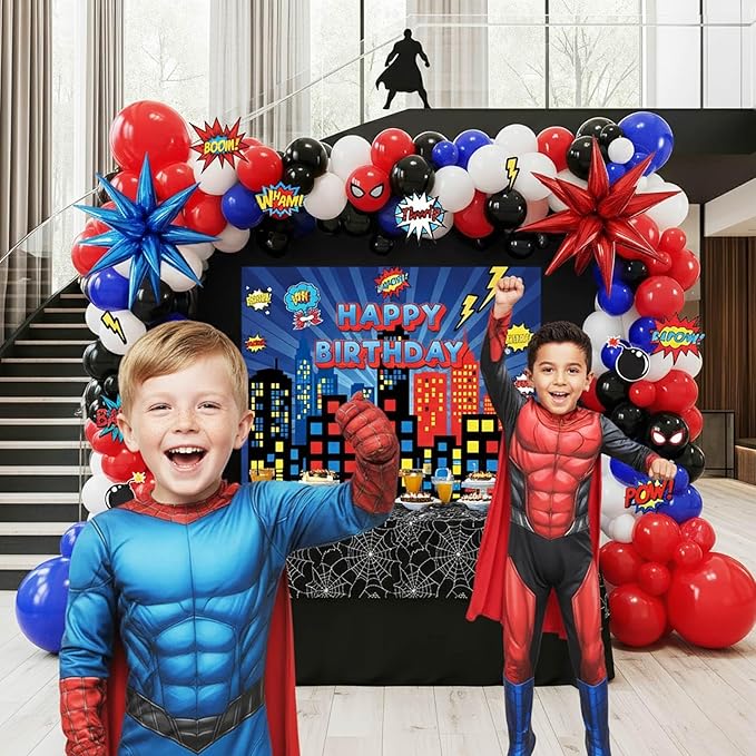Blue Red Black white Balloon Garland Arch Kit 140PCS with backdrop card stickers Large Starburst mylar balloons for Spider Theme boy birthday Party Man Superhero inspired decorations
