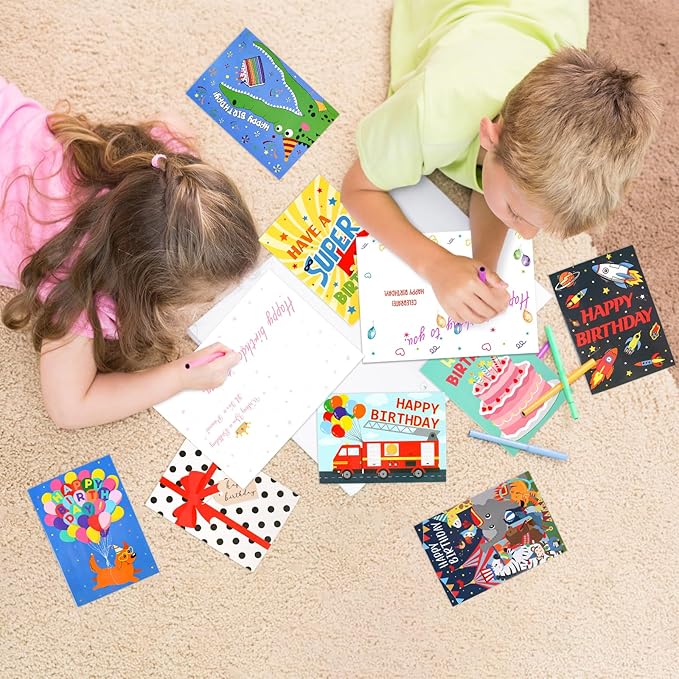 Hooqict Birthday Cards for Kids (4"x6") 10 Assorted Happy Birthday Cards with Envelopes and Greetings Inside (Carnival, Princess, Cake, Animals, Space, Gift Box, Balloons) for Boys Girls 1 2 3 4 5+