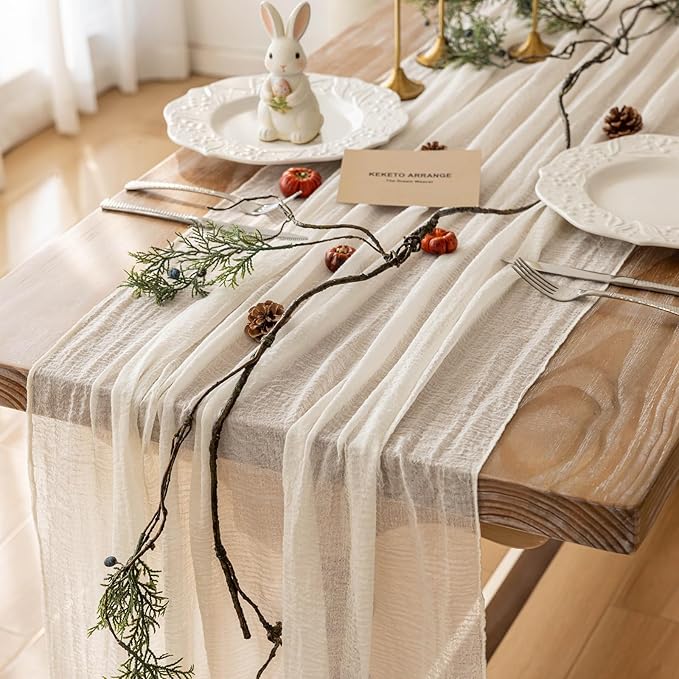 Keketoarrange 3pcs Ivory Gauze Rustic Cheesecloth Table Runner 120 Inch 10 FT for Wedding Baby Shower Bridal Shower Birthday Engagement Garden Outdoor Party Long Sheer Boho Decorations